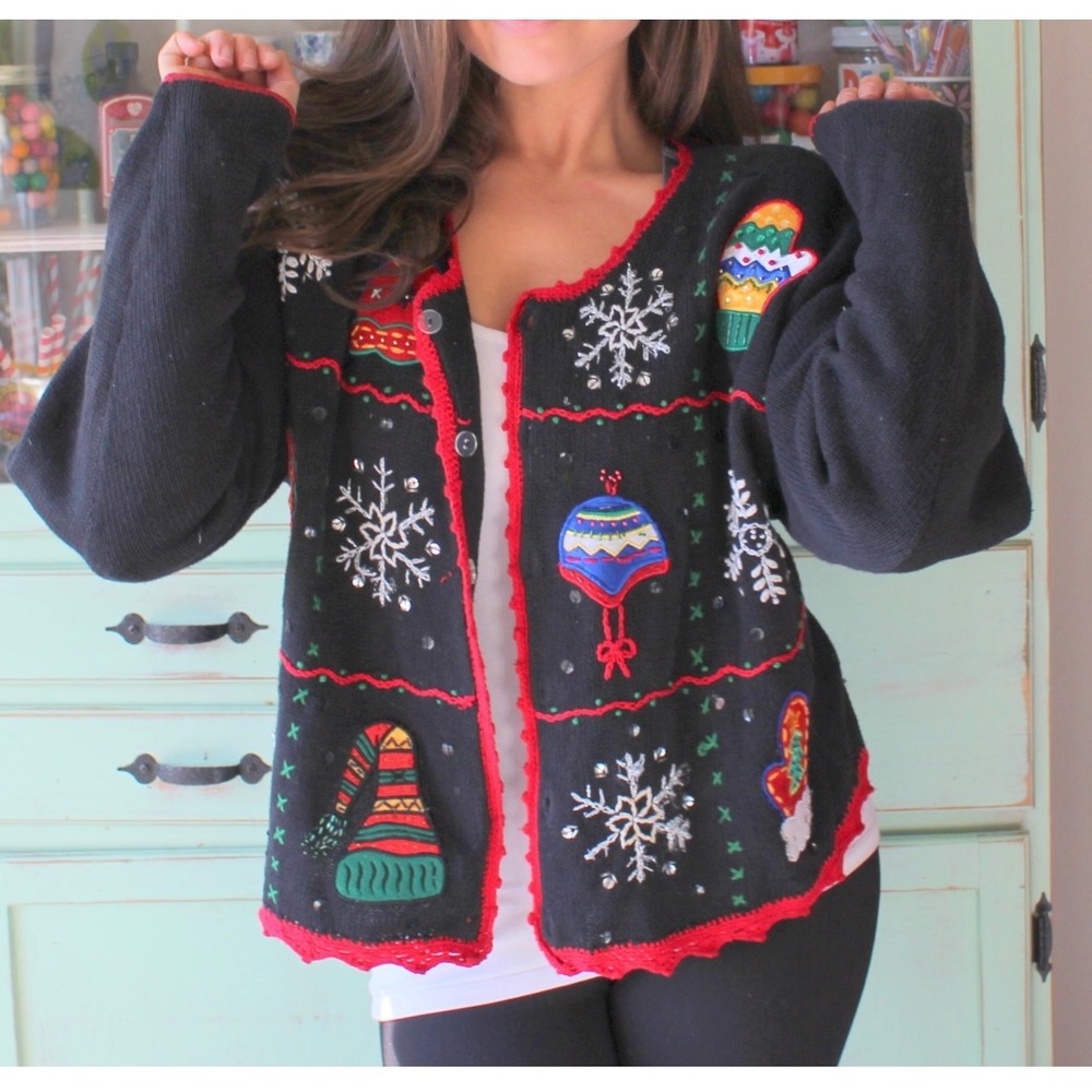 Cherokee Vintage Women's Black Christmas Ugly Sweater Cardigan Ornaments Mitten‎